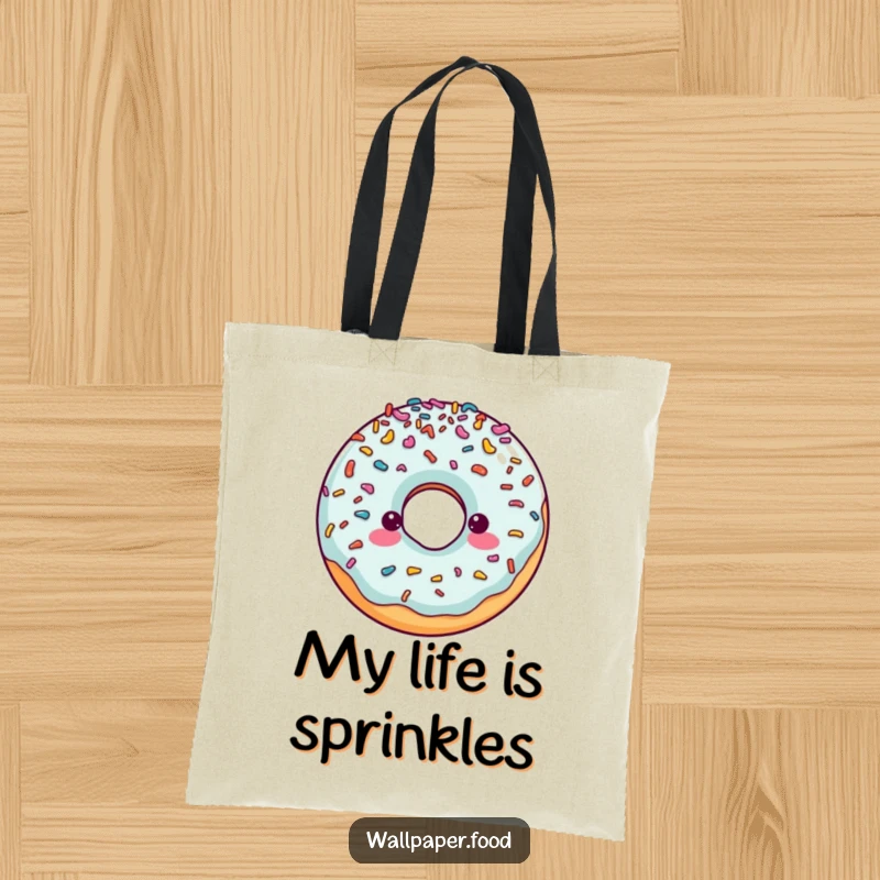 Funny tote bag featuring a cheerful doughnut character generously covered in sprinkles, a whimsical and practical accessory.