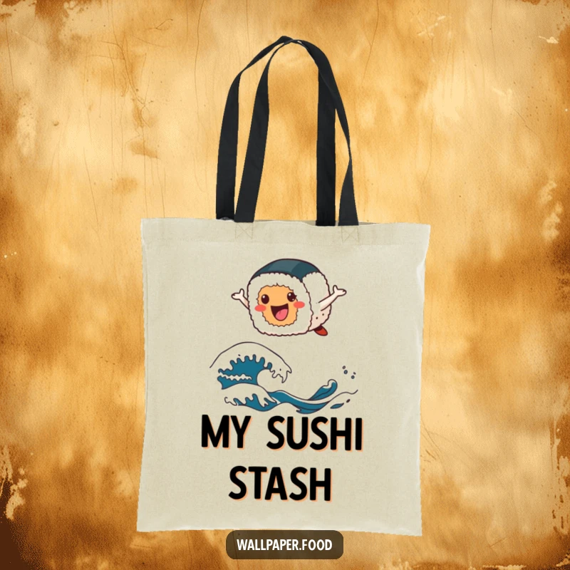 Funny sushi tote bag with a cheerful sushi roll character leaping over stylized wave patterns, perfect for carrying your treasures.