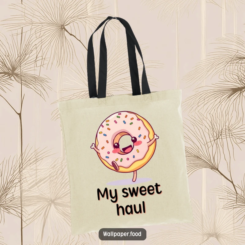Funny donut tote bag character with sprinkles doing a delightful cartwheel, perfect for carrying daily essentials with flair.