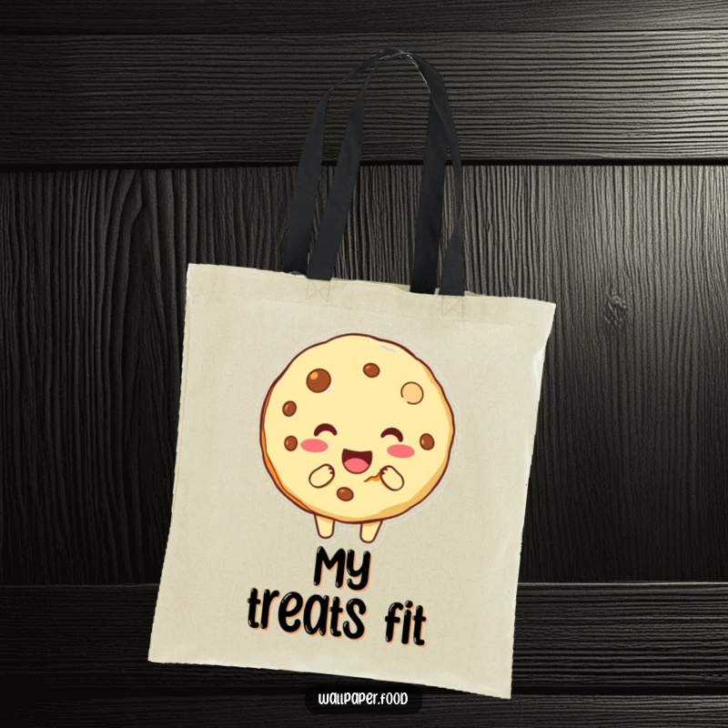 Funny tote bag displaying a delightful cookie character with a significant bite, perfect for carrying essentials with a humorous twist.